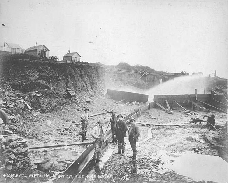 File:Hot Air Mining Company hydraulic mining operation showing five men standing by a sluice, Nome, Alaska, between 1901 and 1911 (AL+CA 2444).jpg