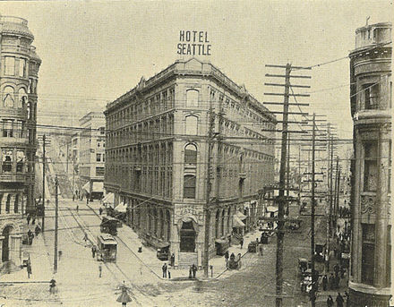 The Occidental Block in 1900; to its rear left is a corner of the Collins Block, still standing as of 2008
