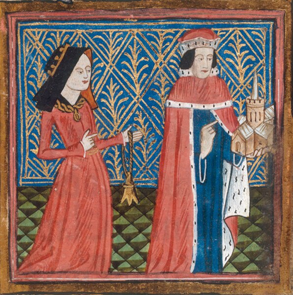 Illuminated miniature of Humphrey and his second wife Eleanor from Thomas Walsingham's Book of Benefactors to St Albans, 1431. Cotton MS Nero D VII, B