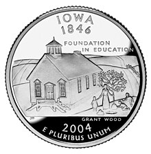 2004 Iowa state quarter honoring Grant Wood. Elements depicted include: the Schoolhouse, teacher and students planting a tree, (caption): Foundation in Education, and Grant Wood