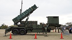 JASDF MIM-104 Patriot PAC-2 M901 Launching Station(49-3157, launch mode) right side view at JGSDF Camp Nihonbara October 1, 2017.jpg