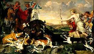 Oil painting of Atalanta and Meleager hunting the Calydonian boar (Jan Fyt, 1648). The Ringling, Bequest of John Ringling, 1936.