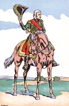 Un maréchal de Napoléon à cheval, ôtant son bicorne pour saluer.