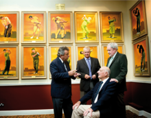 Tony Jacklin CBE, Sandy Lyle MBE & Joe Austen, with Roberto De Vicenzo, at The Gallery of Champions, in St Andrews. Joe Austen & golfers at Gallery of Champions.png