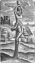 Crucifixion on a crux simplex ad affixionem: drawing in a 1629 reprint of De cruce of Justus Lipsius (1547-1606) Justus Lipsius Crux Simplex 1629.jpg