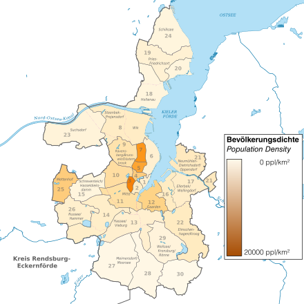 Image showing the population density of Kiel by district. Data from 2010.