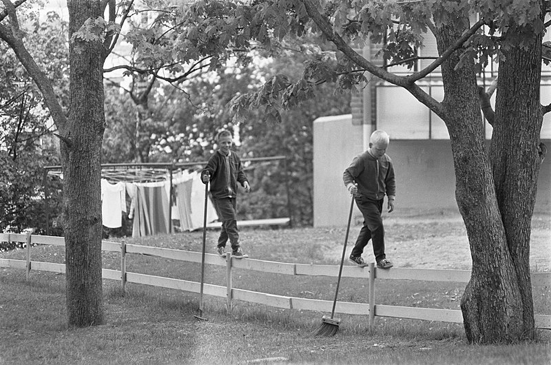 File:Kinderen. Twee jongens balanceren op een schutting, Bestanddeelnr 920-4719.jpg