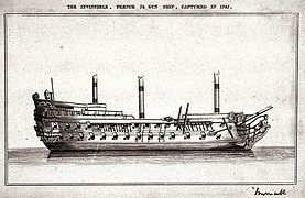 L’Invincible démâté dans un port anglais. Le vaisseau français n'a été saisi qu'après un combat acharné au cap Ortegal.