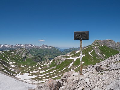 Mountain saddle Rauher-Kopf-Scharte, border between Tyrol and Vorarlberg. Austria