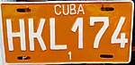 License plate of Cuba 2002 private vehicle Havana repainted white HKL 174.jpg
