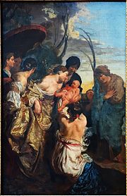Sous une lumière de crépuscule, la fille du pharaon, vêtue à la mode vénitienne, confie Moïse, soutenu par deux femmes, à sa mère, sous de regard de trois femmes.