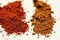 Burnt and raw sienna. When limonite is roasted, it turns partially to the more reddish hematite and becomes red ochre or burnt sienna.