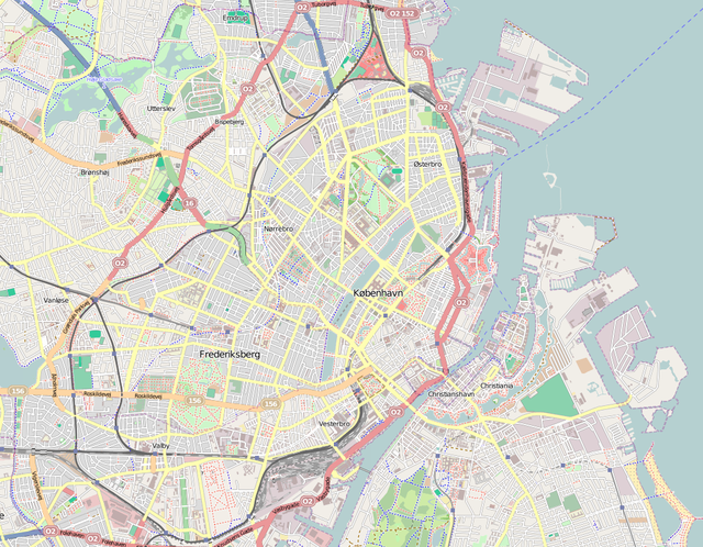 Mapa konturowa Kopenhagi, po prawej nieco u góry znajduje się punkt z opisem „miejsce bitwy”