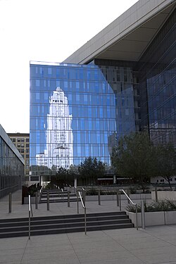 Los Angeles Town Hall reflected on LAPD Headquarter's glass surface