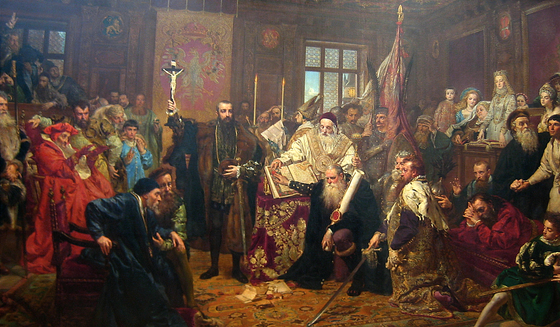 The Union of Lublin, painting by Jan Matejko. King Sigismund II Augustus holds the cross at the centre while surrounded by statesmen, diplomats, the clergy and nobles
