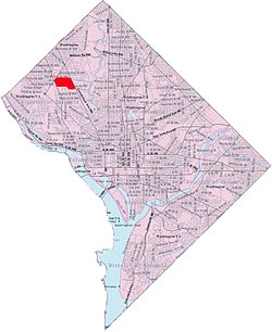 Map of Washington, D.C., with North Cleveland Park highlighted in red