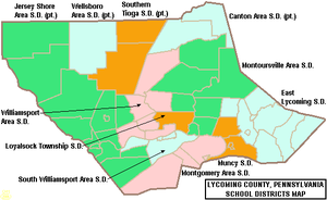 Карта на окръг Lycoming County Pennsylvania School Districts.png