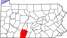 Location of Bedford County in Pennsylvania Map of Pennsylvania highlighting Bedford County.svg