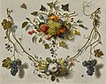 Martin van Dorne - Trompe l'œil of swags of fruit and flowers pinned to a white wall together with moths and other insects.jpg