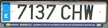 The current vehicle registration plate design. Matricula automovilistica Espana 2000 7137 CHW.jpg