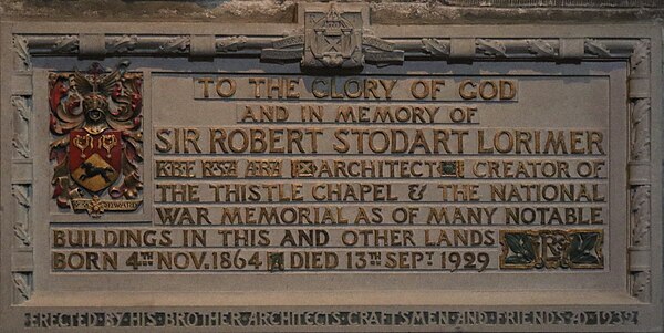 Memorial in St Giles' Cathedral designed by his friend A. N. Paterson