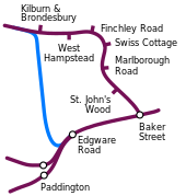 A 1925 plan for a relief line from Kilburn & Brondesbury to Edgware Road to relieve the tunnels between Finchley Road and Baker Street Metropolitan relief line.svg