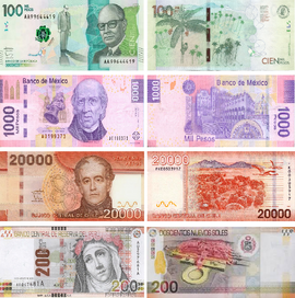 De arriba a bajo: Peso Colombiano, Peso Mexicano, Peso Chileno y Sol Peruano