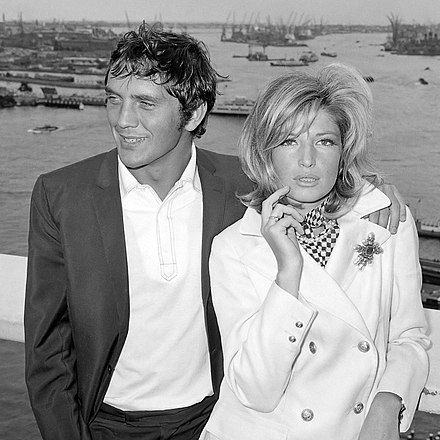 Stamp with actress Monica Vitti in 1965 during filming Modesty Blaise