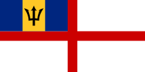 A white flag with a red cross, and the national flag of Barbados in the upper-left corner.