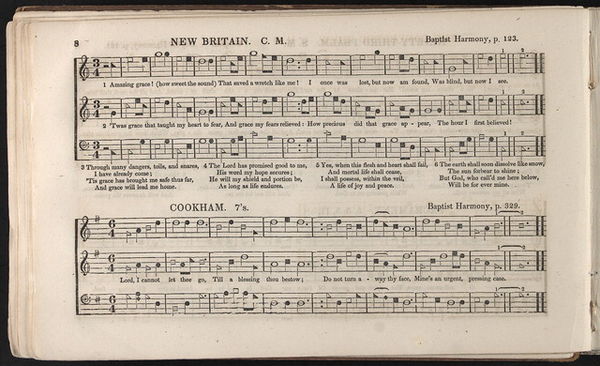 An 1847 publication of Southern Harmony, showing the title "New Britain" ("Amazing Grace") and shape note music.