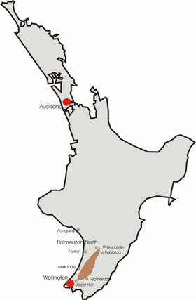 Mapa de ubicación de las Montañas Tararua en la Isla Norte.