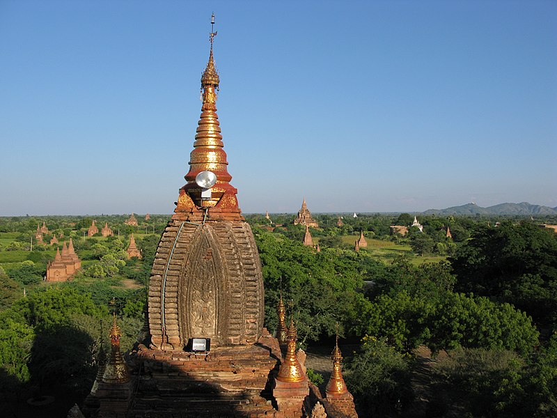 File:Old Bagan, Myanmar, Golden Buddhist spire over Bagan plains, Ancient pagodas and temples.jpg