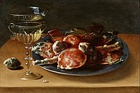 Still Life of Sweets on a Pewter Plate and a Façon de Venise Wineglass on a Wooden Ledge