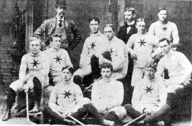 The 1895 Ottawa Hockey Club and executive. Standing: P. D. Ross, G. P. Murphy, Chauncey Kirby, Don Watters. Seated: Jim Smellie, Alf Smith, Harvey Pul