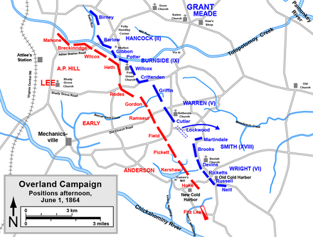 Positions of the armies on the afternoon of June 1, 1864 Overland Campaign June 1.png