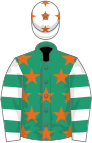 Emerald green, orange stars, white and emerald green hooped sleeves, white cap, orange stars