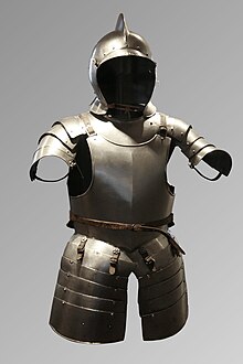 Almain rivet half-armour, typically worn by Swiss or landsknechts in the 16th century. The tassets consist of five plates each, connected by sliding rivets. Polzbroja.jpg
