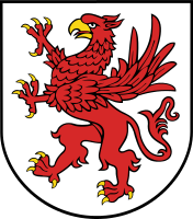 The red griffin rampant was the coat of arms of the dukes of Pomerania and survives today as the armorial of West Pomeranian Voivodeship (historically, Farther Pomerania) in Poland. It is also part of the coat of arms of the German state of Mecklenburg-Vorpommern, representing the historical region Vorpommern (Hither Pommerania).