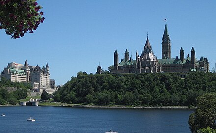 Chateau Laurier (left) and Parliament Hill overlooking the Ottawa River