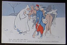 Carte patriotique française éditée pour Noël en 1914 : un vieil homme barbu habillé de blanc accompagné d'un âne chargé de cadeaux.