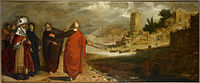 Aaron Changing the Water of the Nile into Blood label QS:Len,"Aaron Changing the Water of the Nile into Blood" label QS:Lpl,"Aaron zmieniający wody Nilu w krew" label QS:Lnl,"Aäron verandert het water van de Nijl in bloed" 1610. oil on panelmedium QS:P186,Q296955;P186,Q106857709,P518,Q861259. 70.5 × 170.8 cm (27.7 × 67.2 in). Amsterdam, Rembrandt House Museum.