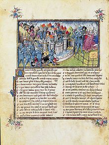 Page enluminée avec une peinture sur le tiers supérieur de la page représentant dans des couleurs vives des hommes en arme autour d'une forteresse et des chevaliers