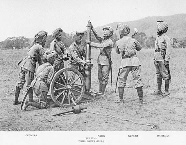 A mountain artillery crew from the British Indian Army demonstrating assembly of the RML 2.5 inch Mountain Gun, c. 1895.