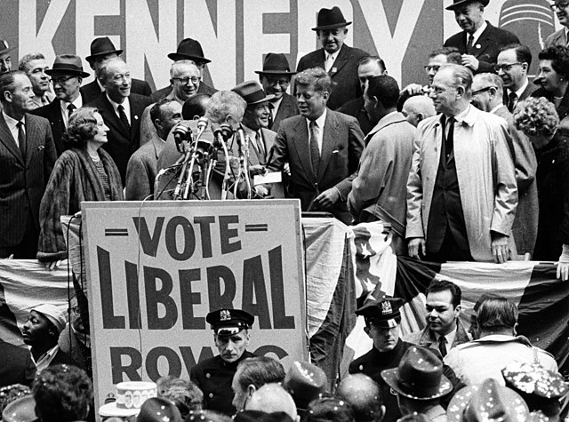 Liberal Party rally in support of John F. Kennedy for president, 1960. Party leader David Dubinsky is at the podium.