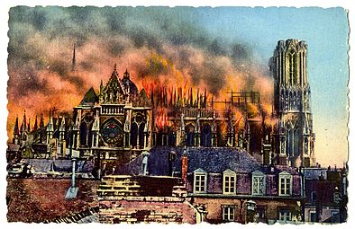 Reims Cathedral burning during World War I