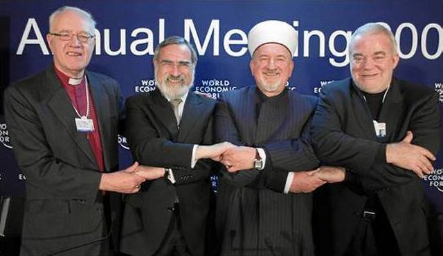 Left to right: George Carey, Archbishop of Canterbury (1991–2002); Jonathan Sacks, Chief Rabbi (UK); Mustafa Cerić, Grand Mufti of Bosnia and Herzegov