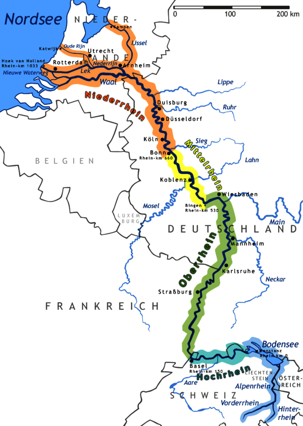 Map of river Rhine shows Dusseldorf and the rivers Sieg and Lahn in the north, Strasbourg and Mannheim in the south. Both sides of the conflict viewed the Rhine as the main geographic asset, the natural border between the combatants. The state that controlled the Rhine crossings controlled access to the other state. Rhein-Karte.png