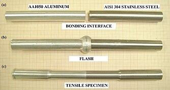 Friction welded rods of aluminum AA1050 and AISI 304 stainless steel with diameter of 14.8 mm. Rods before and after welding prepared for tensile test. The AISI 304 stainless steel has higher strength than the aluminum alloy. Hence, the formation of flashes was restricted to AA1050 aluminum only. Rods AL AA1050 and AISI 304 Stainless steel.jpg