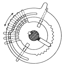 The teeth are moved by a second wheel located inside the first and moved by a side lever. Roue a nombre de dents variables.png