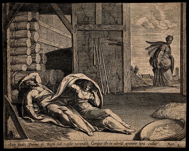 Ruth comes to take shelter under Boaz's cloak. Engraving. Wellcome V0034307